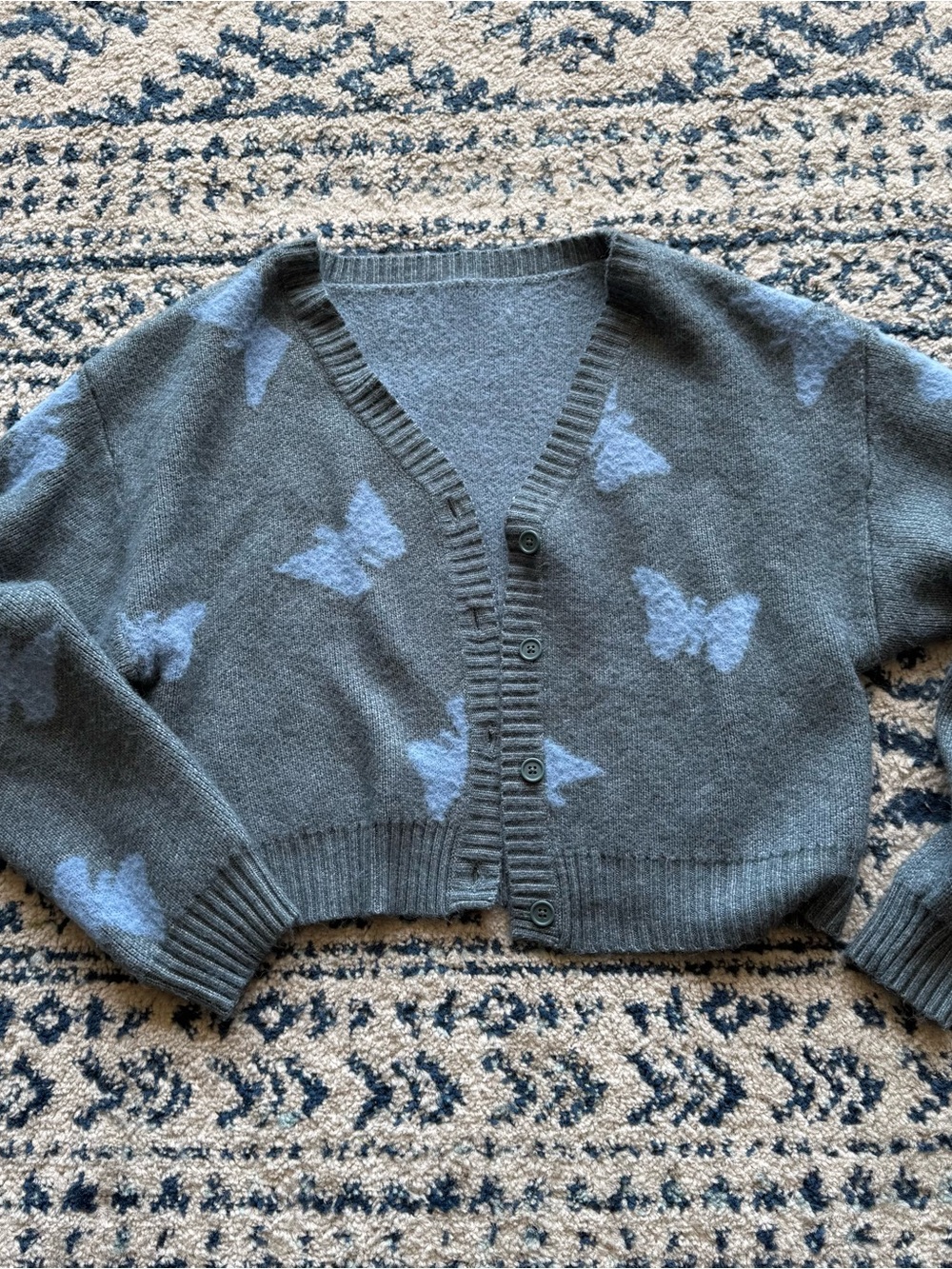 Gray Butterfly V-Neck Button Cardigan Sweater